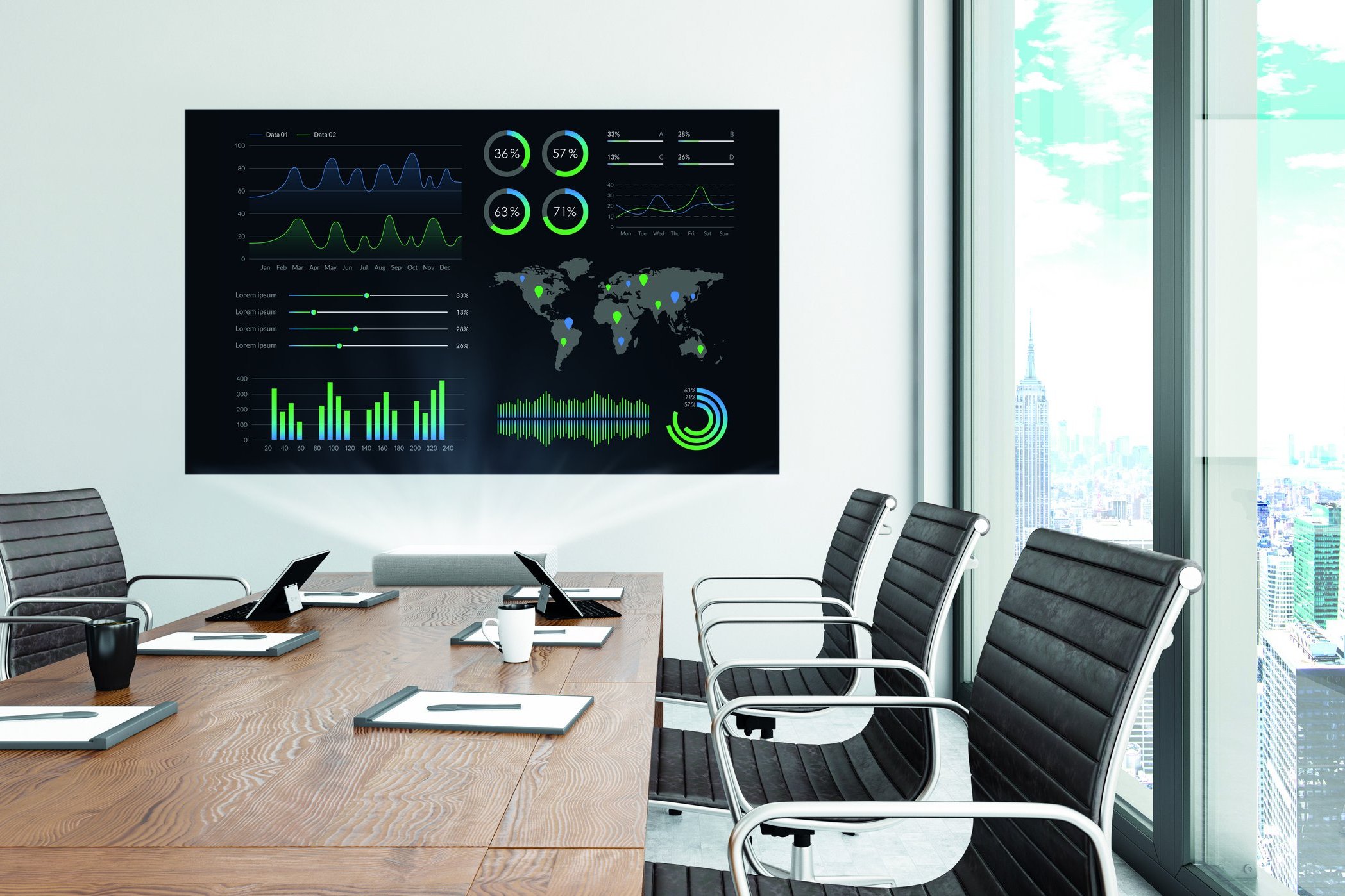1210319599 Modern Board Room with Blank TV Screen. 3d Render